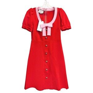 Gucci Women's Bow Neck Short Sleeve A-Line Mini Dress Red Size M - Made in Italy